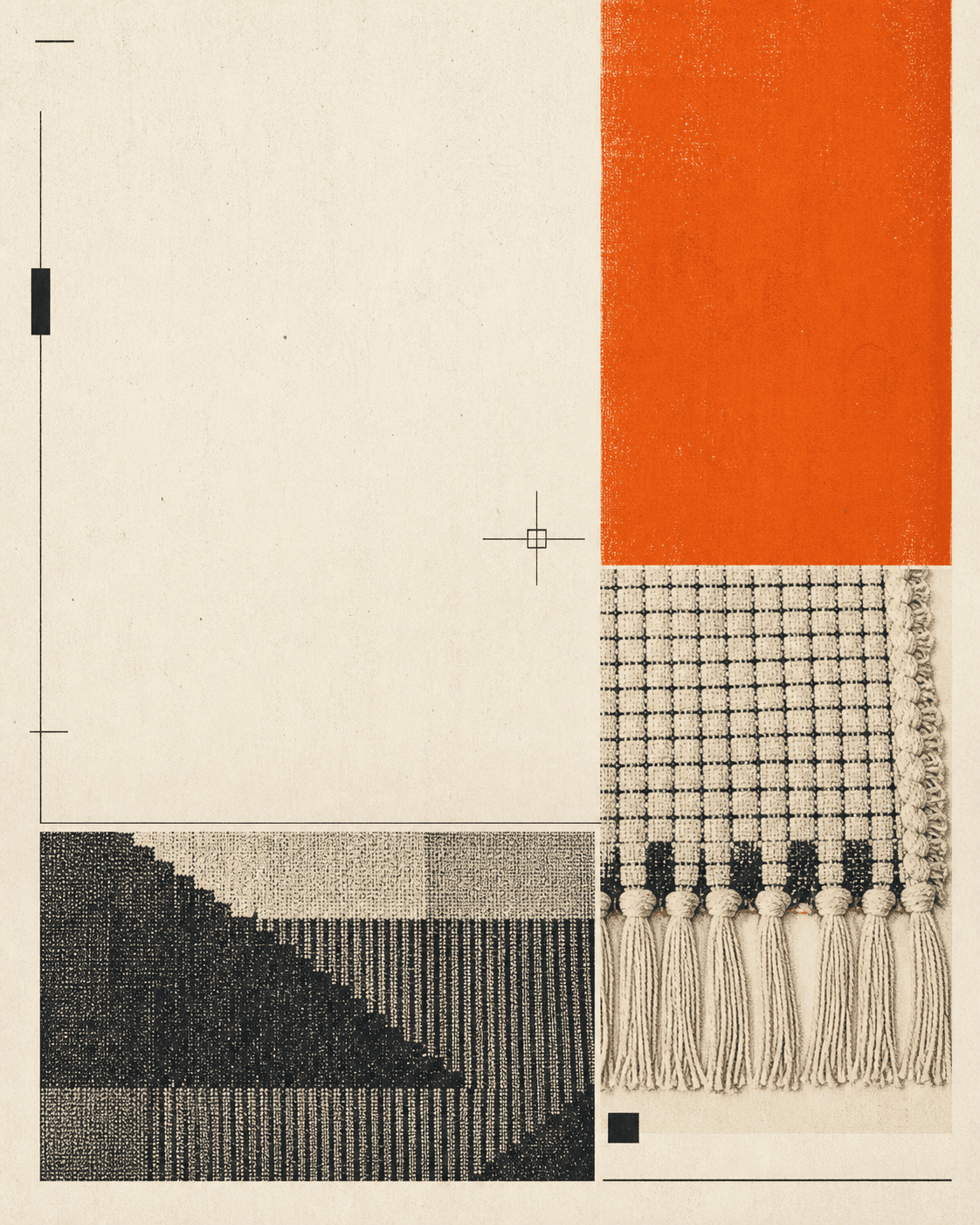 Lámina editorial con textura tejida, campo naranja y composición de rug para BACH RUGS