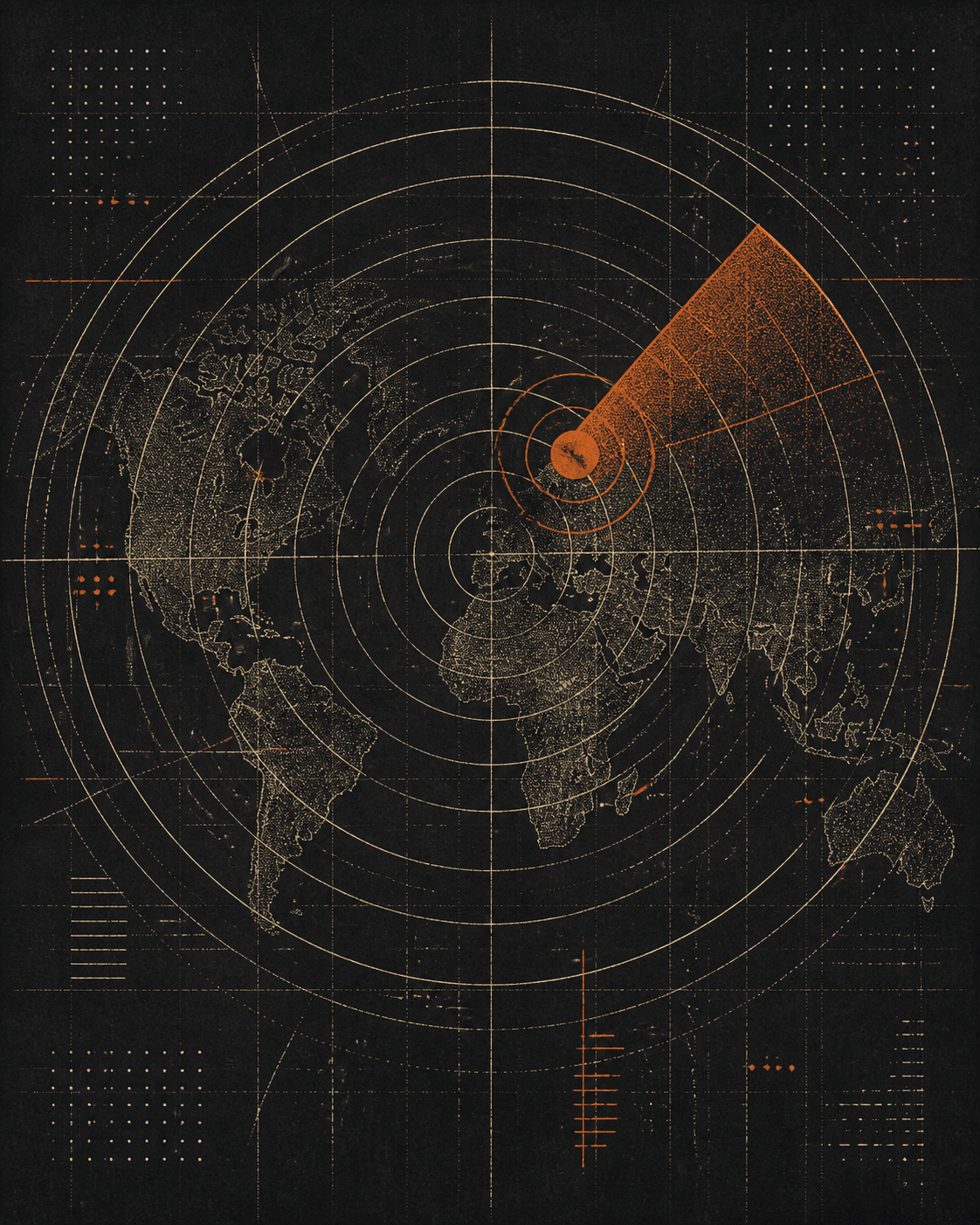 Radar técnico editorial con señal naranja sobre una cuadrícula geográfica
