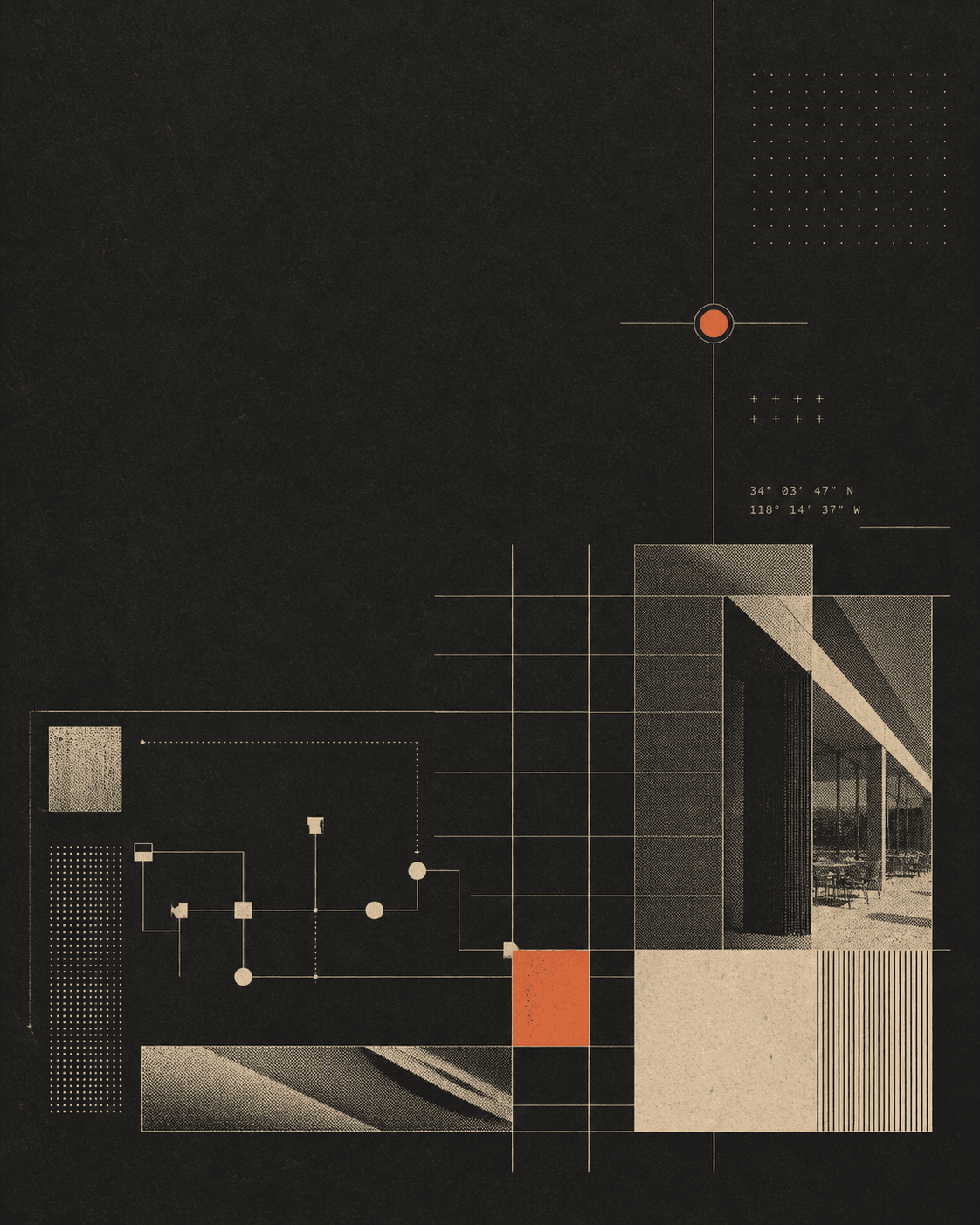 Lámina editorial con una retícula arquitectónica y una señal naranja para Think Hospitality