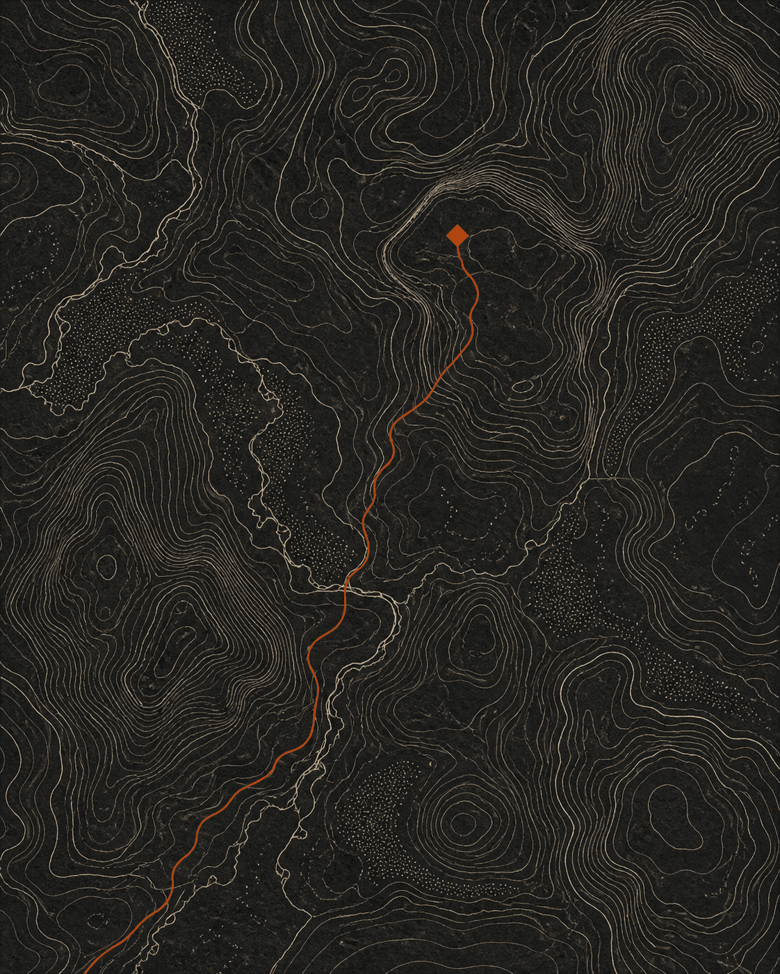 Mapa topográfico editorial con una ruta naranja y un punto de destino